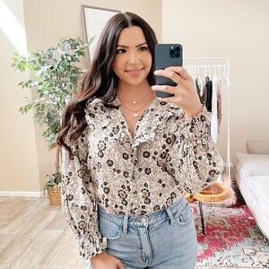 Zara Floral Ruffle V Neck Long Sleeve Top